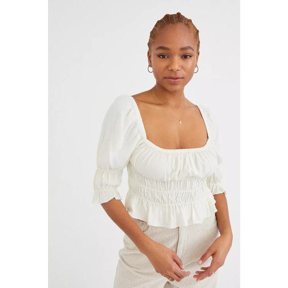 URBAN OUTFITTERS Kate Smocked Ruffle Blouse Ivory Cropped Top Women's XS - Picture 4 of 12